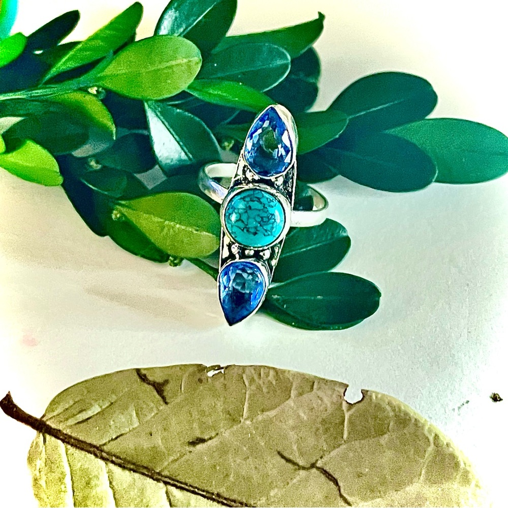 New 925 Sterling Silver Blue Imperial Topaz Turquoise Artisten 3 Tier Ring - Picture 15 of 17
